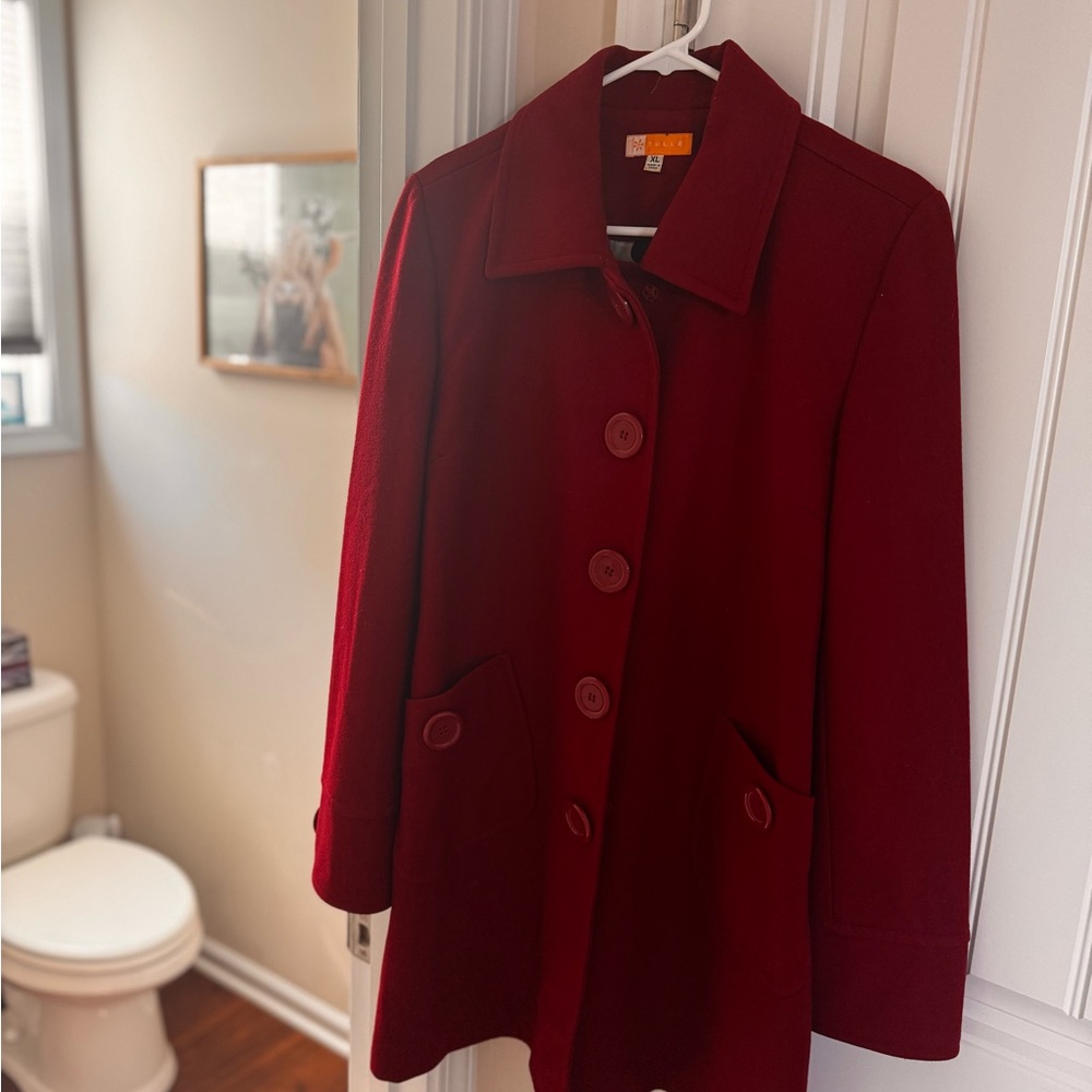 Tulle Red Pea Coat with Notched Lapel and Wool Blend